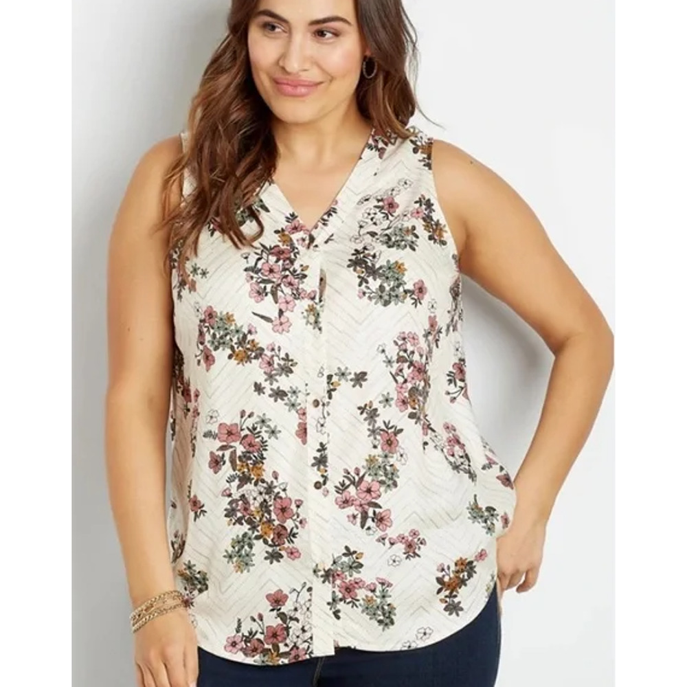 Maurices White Chevron‎ Floral Flowy Relaxed Button Down Tank Top Womans Size 2X